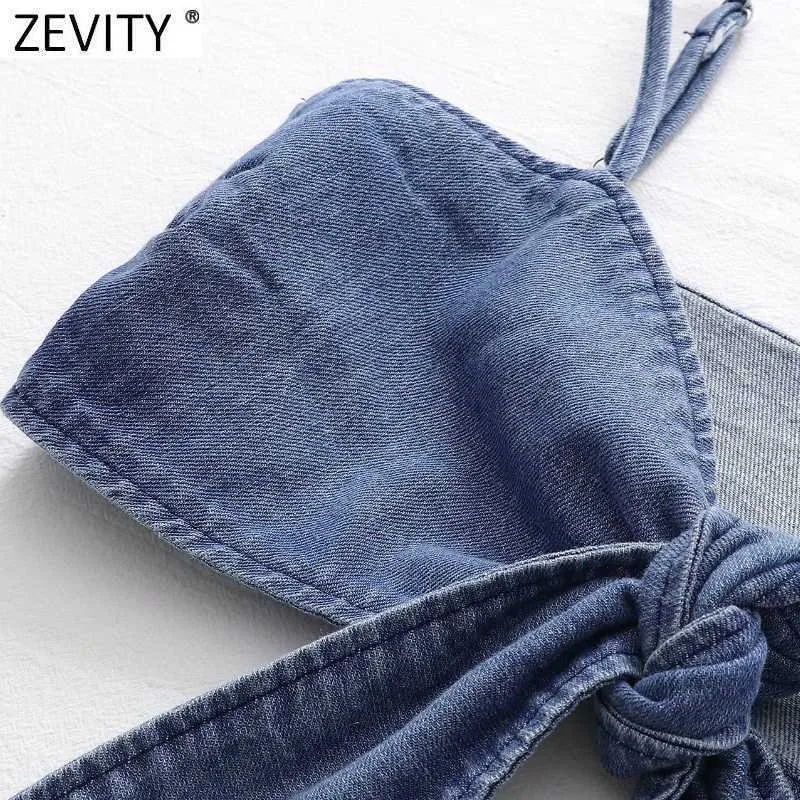 Zevity Women Spaghetti Pasek seksowny łuk Ninkted Chic Short Denim Camis Tank Lats Slim Slim Sling Tops LS9059 210603