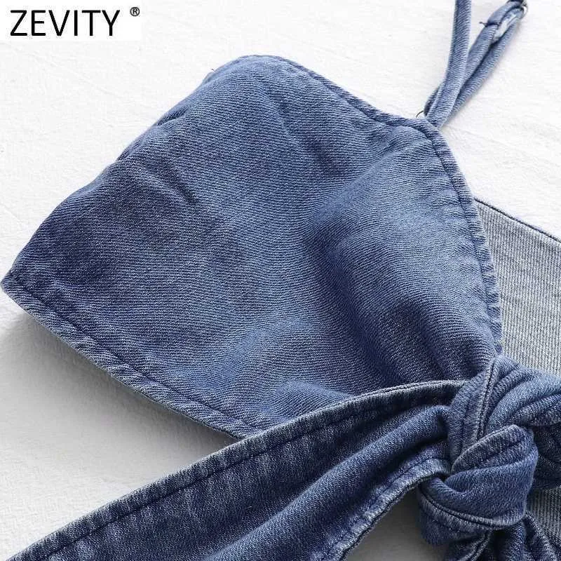 Zevity Women Spaghetti Strap Sexy Bow annodato Chic Short Denim Camis Tank Ladies Summer Slim Crop Sling Top LS9059 210603