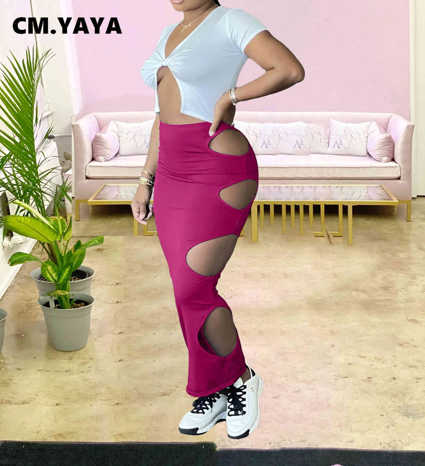 Cm.yaya 2021 Lato Kobiety Wytnij Sexy Maxi Midi Spódnica Sexy Beach Streetwear Wysokiej Talii Bodycon Ołówek Długie Spódnice Street X0428