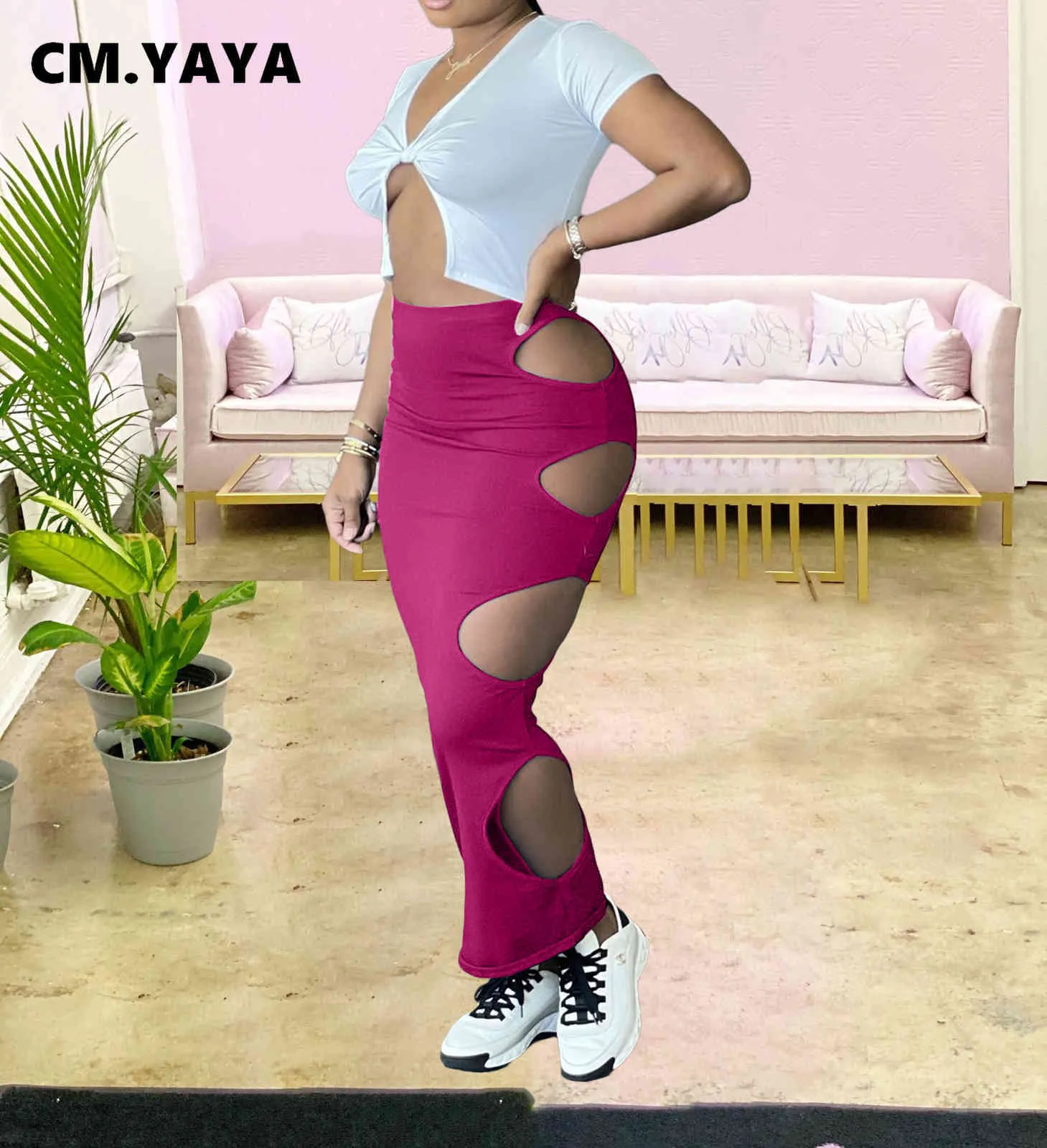 CM.YAYA 2021 Été Femmes Découpé Sexy Maxi Midi Jupe Sexy Plage Streetwear Taille Haute Moulante Crayon Jupes Longues Rue X0428
