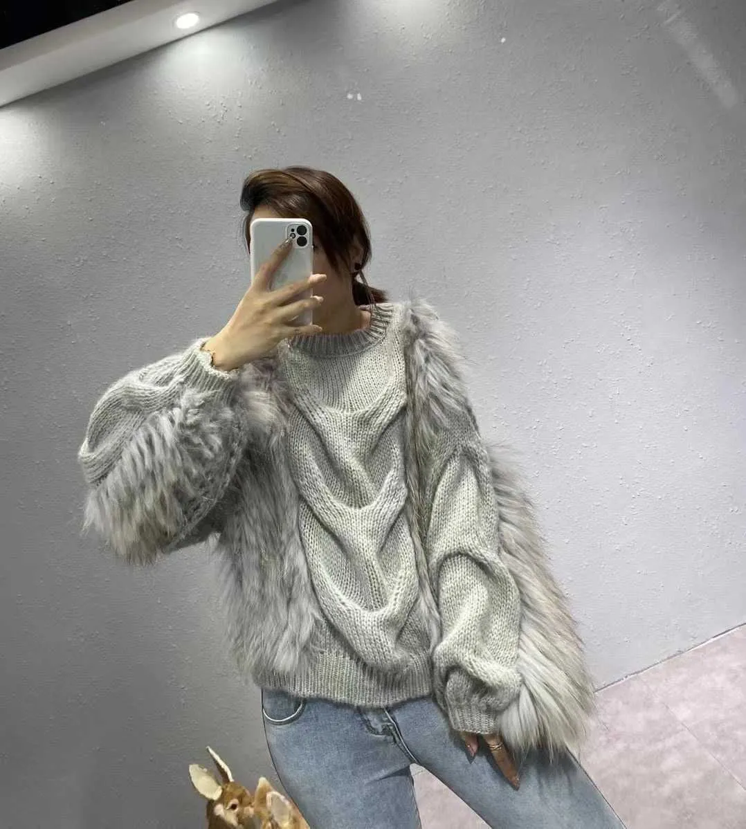 Women's Real Raccoon Fur Knitted Sweater Vest Japanese Style Female Fur Pullover Warm fall winter high neck fur sweaters 211019