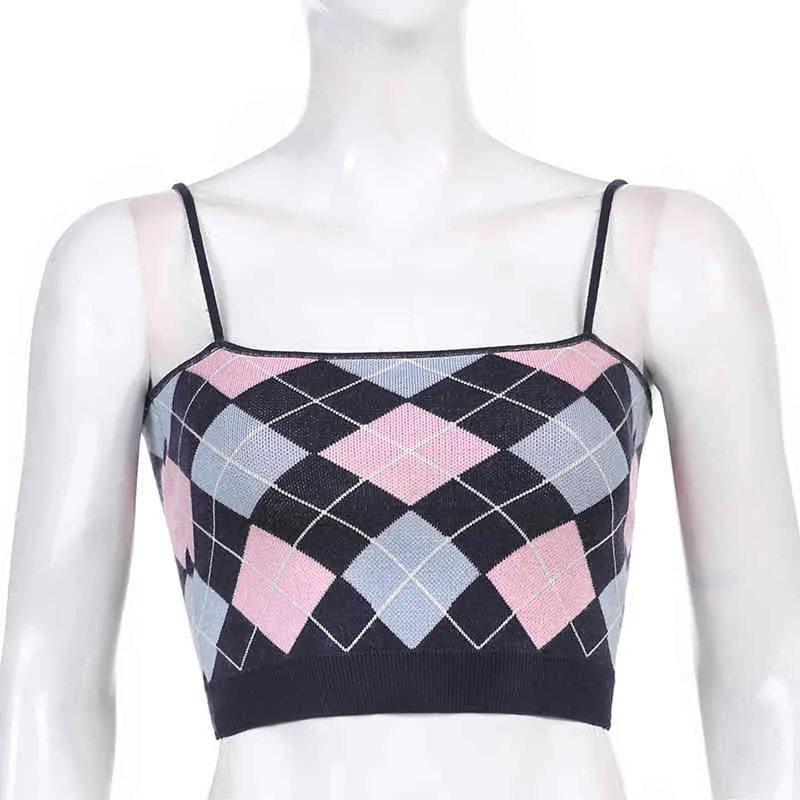 Kawaii Argyle Print Knit Y2K Camis Strap Crop Top pour les filles Mode d'été Femmes Vintage Chemise à carreaux sans manches Tank Femme 210510