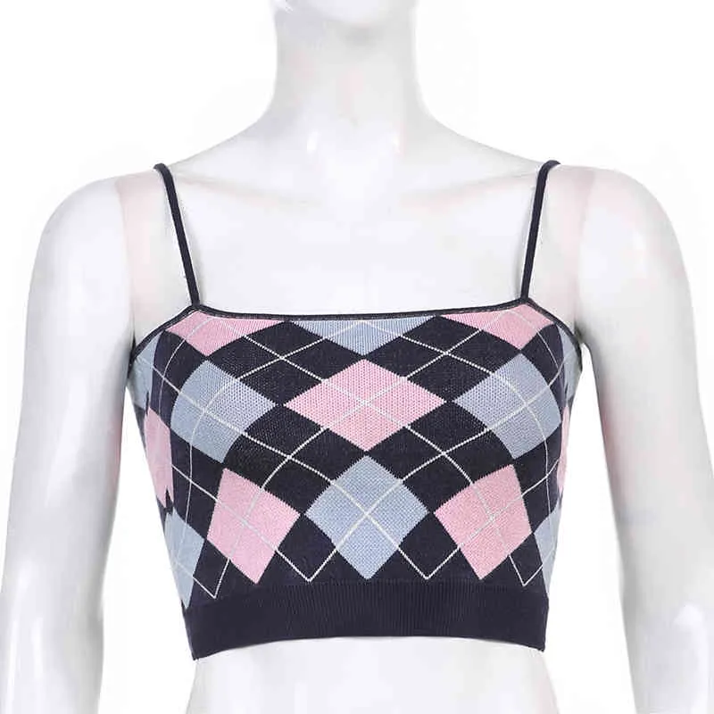 Kawaii Argyle Print Sticka Y2K Camis Strap Crop Top For Girls Sommar Mode Kvinnor Vintage Plaid Shirt Ärmlös Tank Kvinna 210510