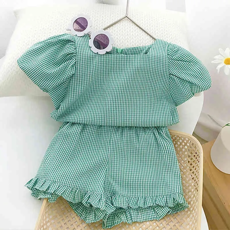 Kids Clothes Girls Summer Outfits Holiday Beach Plaid Bubble Sleeve Top +Shorts Children Baby Set 210515