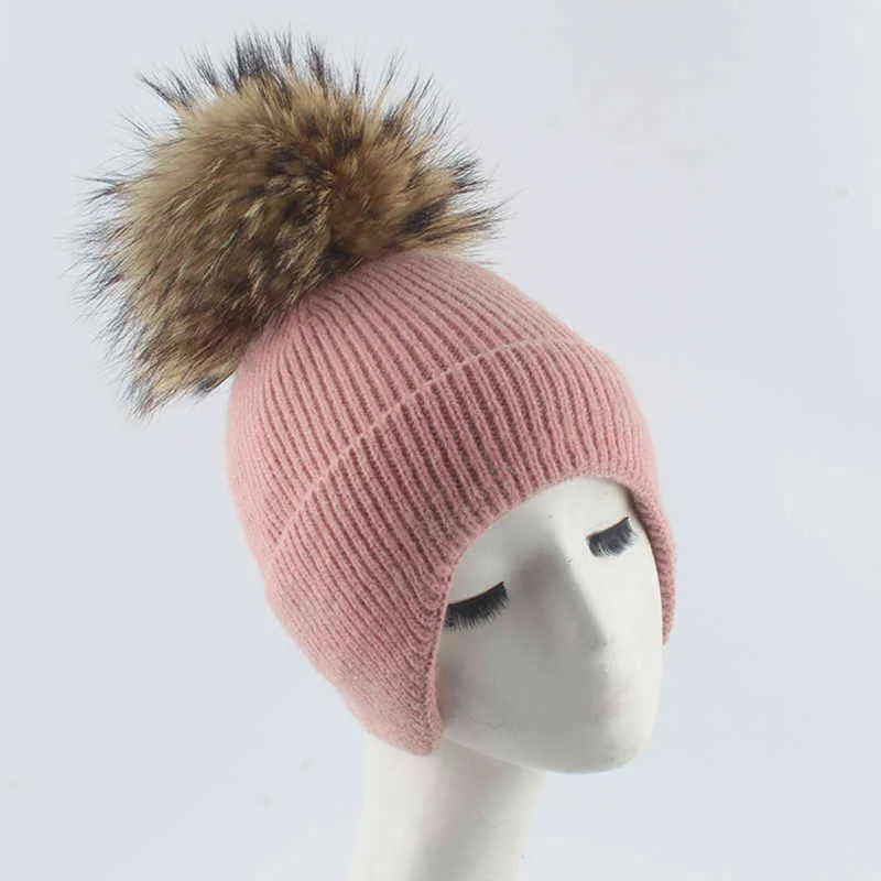 Mädchen Frauen Winter Wolle Beanie Hut Streetwear Warme Ohr Schutz Skullies Beanies Echte Waschbär Fell Pompon Gestrickte Hüte 211229