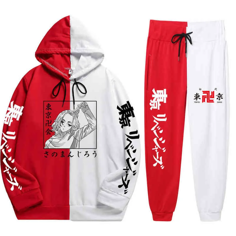 Mode sommar 2 stycken sätter anime tokyo revengers utskrift hoodies sätter lös enkelhet patchwork tunn hoodie + patchwork byxor g1217