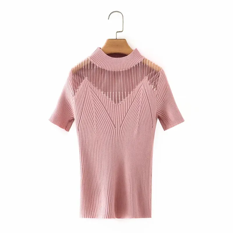 Summer Women Hollow Mesh Cloth Splicing Knitted T Shirt Casual Female Short Sleeve Slim Tops T1501 210430