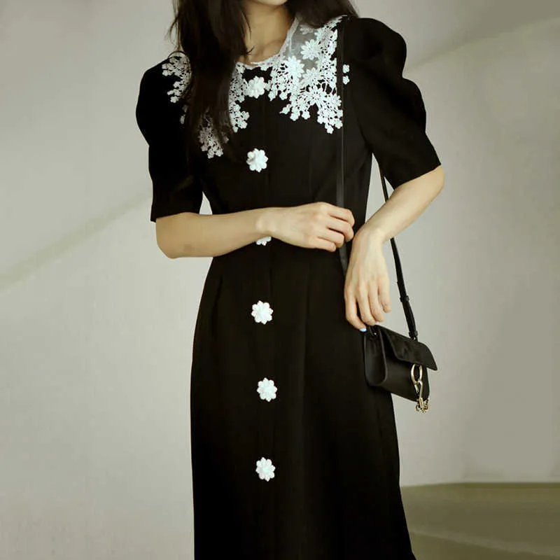 Korejpaa 여성 드레스 여름 한국어 세련된 프랑스 레트로 레이스 크로 셰 뜨개질 옷깃 바느질 슬리밍 엉덩이 가방 퍼프 슬리브 Vestidos 210526