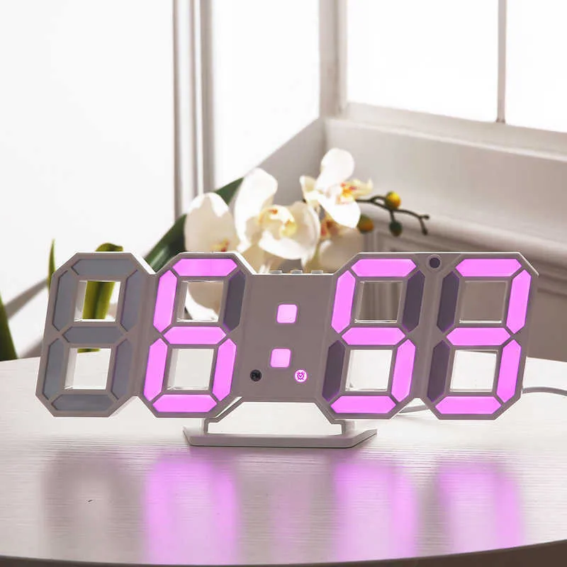 3D LEDの壁掛け時計モダンなデザインデジタルテーブル時計警報のナイトライトのSaat Reloj de Pared Watchの家の居間の装飾210930