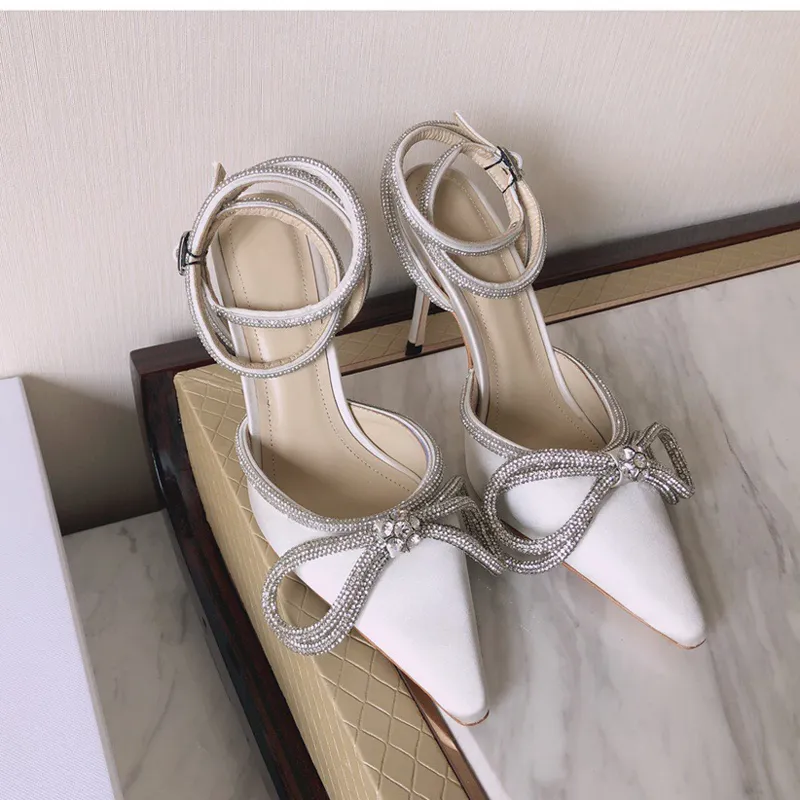 Bow cristal haut talon femme chaussures de mariage mode pompes 2021 nouveau luxe designer marque dames chaussures en cuir véritable