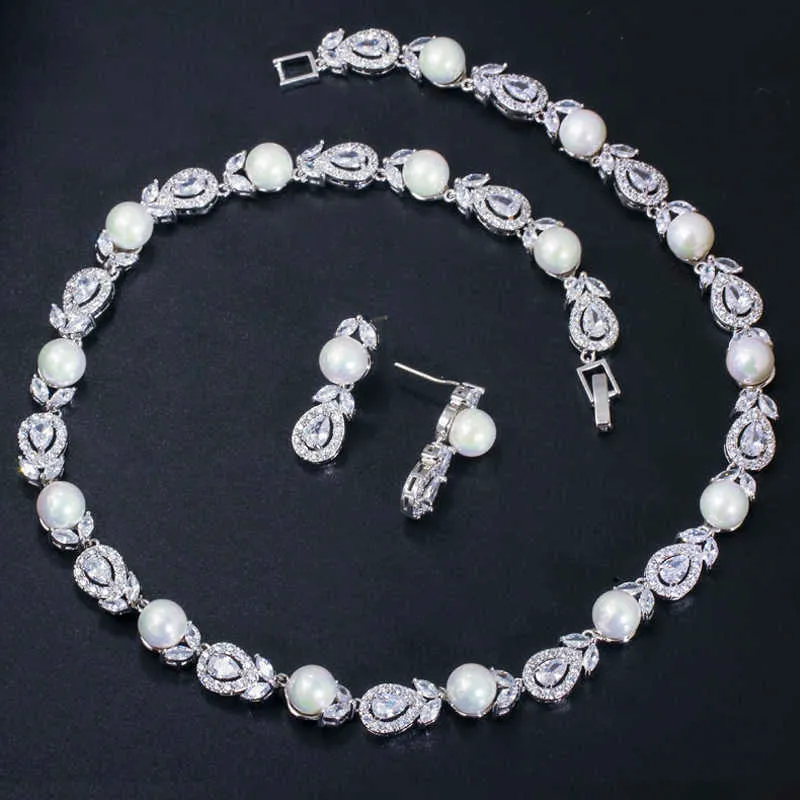 ThreeGraces elegante blanco CZ piedra boda novias gran gargantilla collar de perlas y pendientes Negerian conjuntos de bisutería JS071 H1022
