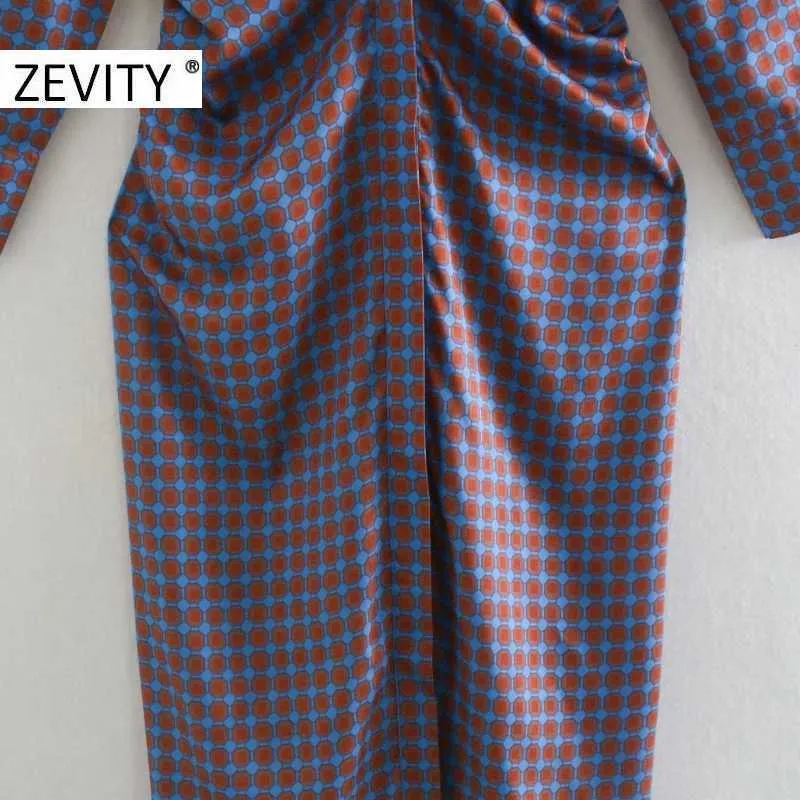 Zevity Jesień Kobiety Vintage Geometryczne Druk Side Plised Shirt Sukienka Damska Odzież Chic Długie Rękaw Biznes Vestido DS4543 210603