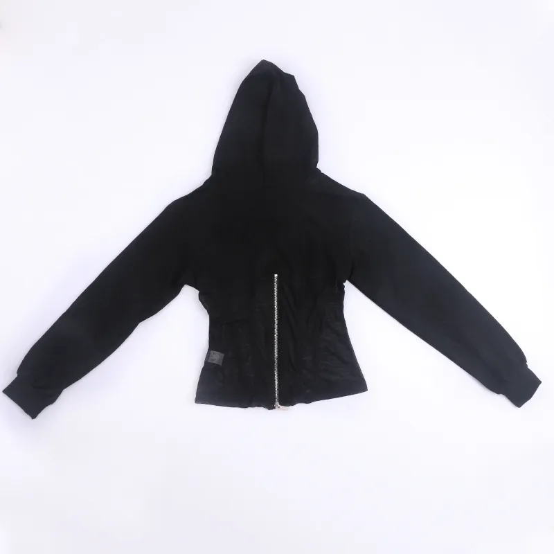 Omsj kvinna pullover sweatshirts långärmad höst svart / grå mesh genomifrån spets randig patchwork hoodies casual hoody 210517