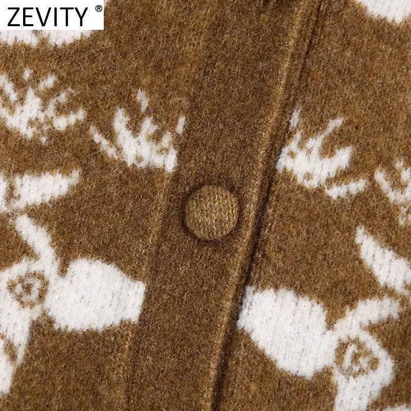 Zevity Kobiety Moda O Neck Wzór Zwierząt Crochet Knitting Cardigans Sweter Kobiet Chic Długi Rękaw Dorywczo Krótkie Topy S681 210603