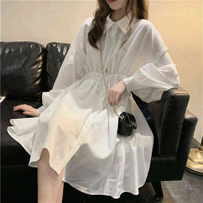 Abito Donna Coreano Elastico in vita Design Vintage Nero Semplice Estate Donna Vestidos Lantern Sleeve Trendy Preppy Girls Abiti G1214