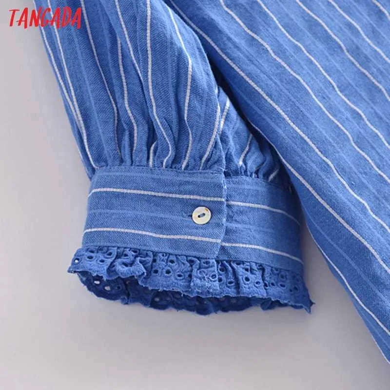 Tangada Camicia da donna con colletto oversize con stampa a righe blu retrò Camicia a maniche corte con camicetta corta da donna elegante 3H237 210609