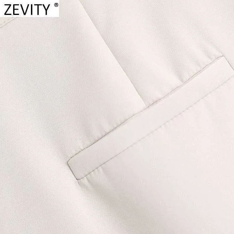 Zevity Women Fashion Solid Färg Pleat Design Ficka Rak Byxor Retro Kvinna Chic Zipper Fly Casual Long Byxor P1106 210603