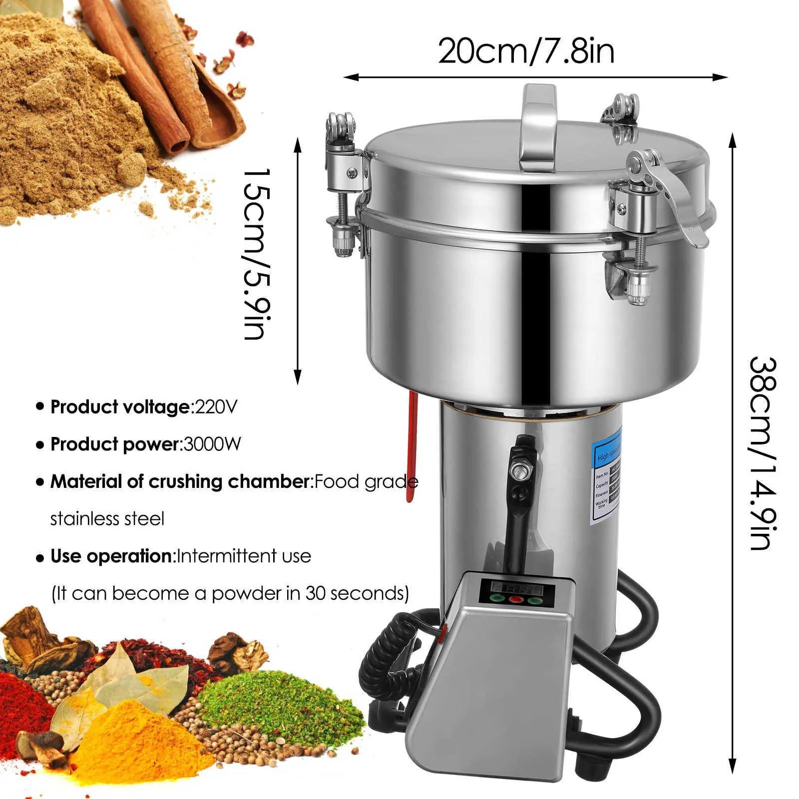 Moulin à grains électrique 2000 g 25000 tr/min broyeur en acier inoxydable 4500 W épices herbes céréales café nourriture sèche 210712