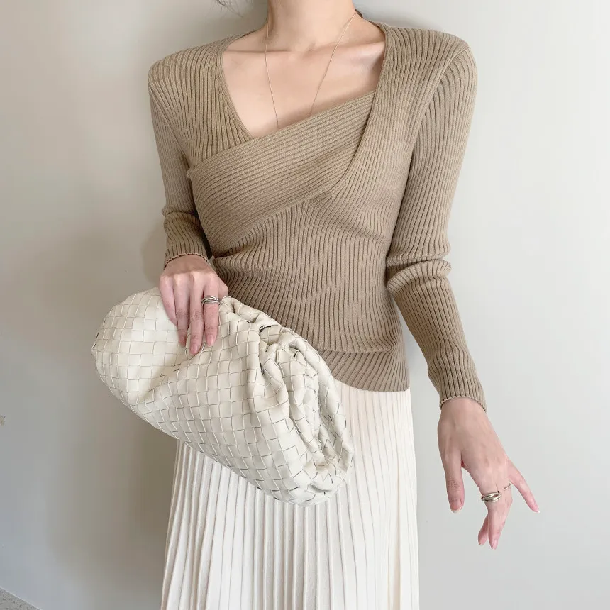 Suéter de punto con cuello en V elegante coreano para mujer, suéter básico ajustado de manga larga asimétrico para mujer, jerséis sexis para mujer 210518