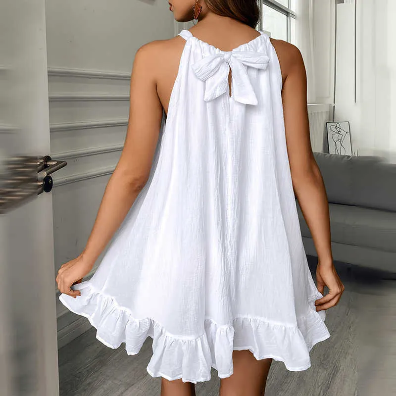 Frauen Mode Neckholder Loose Fit Minikleid Einfarbig Schleife Design Zurück Rüschensaum Lässiges kurzes Kleid 210716