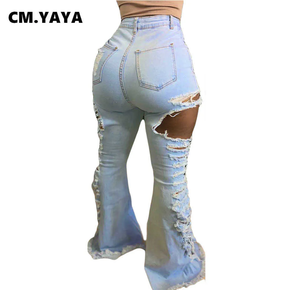 CM.YAYA femmes jean taille moyenne déchiré élastique gaine pleine longueur Denim Flare pantalon femme mode pantalon décontracté été 210708