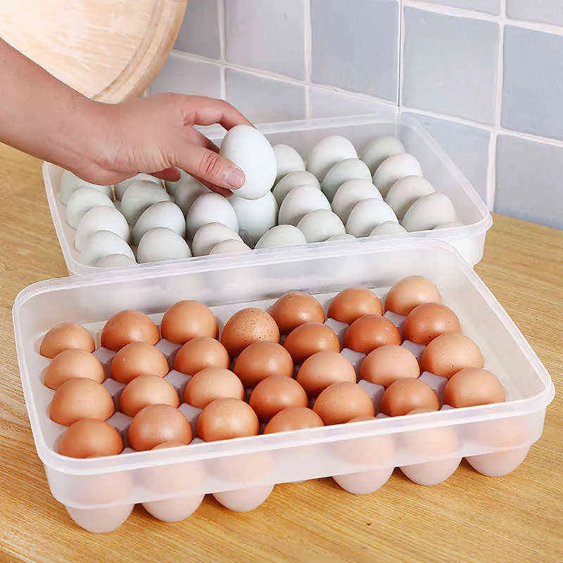 34 Grades caixa de armazenamento de ovo de plástico portátil recipiente de alimentos geladeira suporte com tampa ferramenta de cozinha 211102