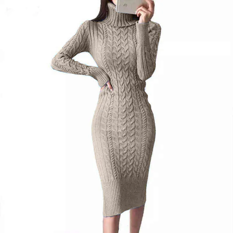 2021冬の厚いタートルネックセーターマキシドレス女性ボディコンニットソリッドカラープラスサイズのドレス女性ニットヴェスディドG1214