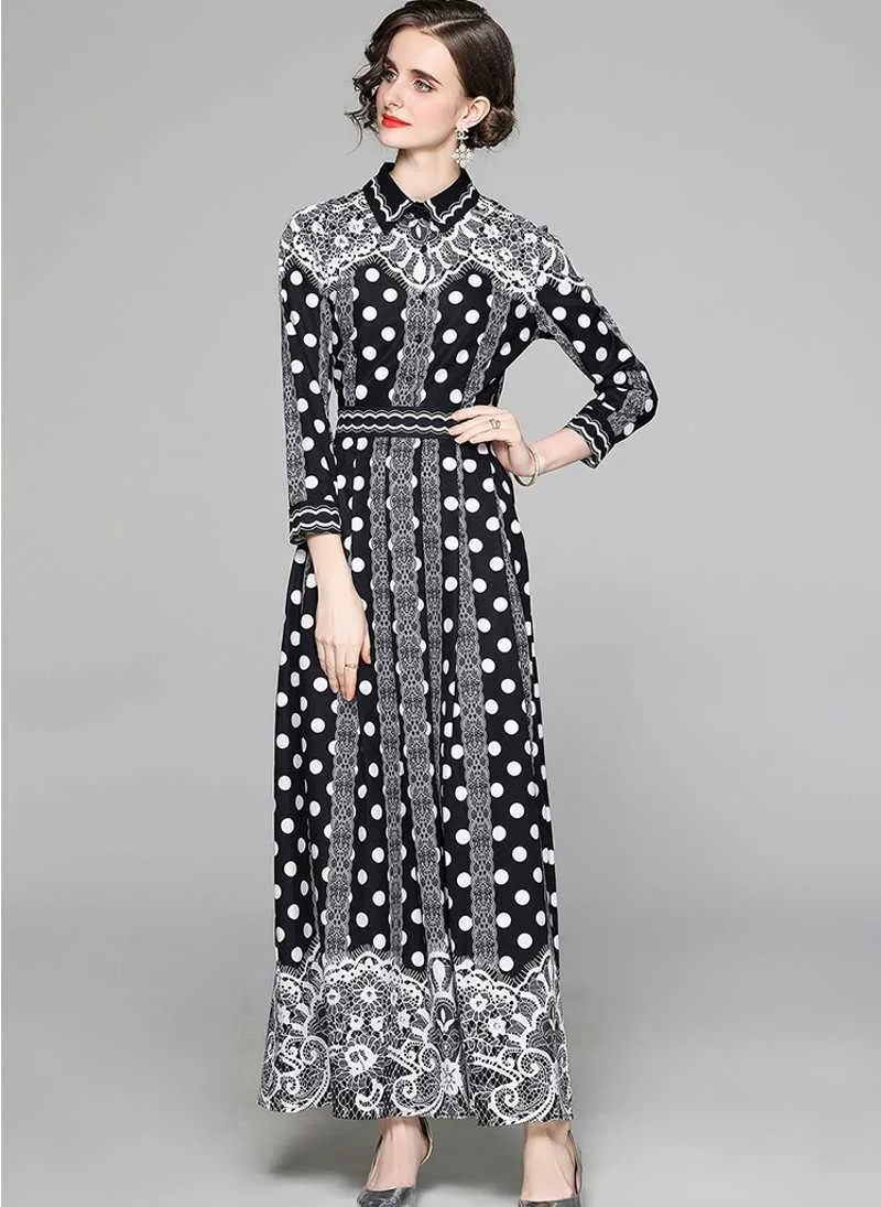 Printemps Mode Femmes Vêtements Designers de piste Élégante à manches longues Polka Dot Impression Robes décontractées Robes 210531