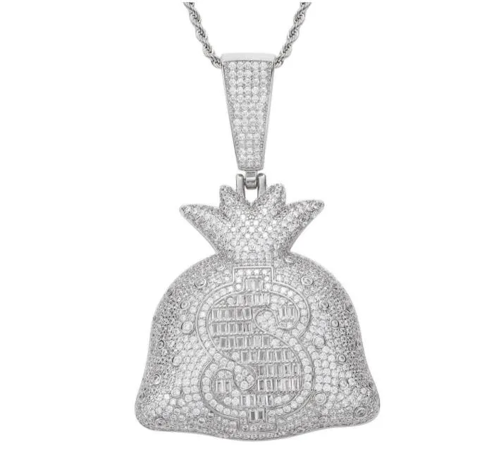 Bling 18k guld dollar tecken pengar påse halsband smycken set kubik zirkonium diamant hip hop halsband plånbok hänge kvinnor män stainl286z