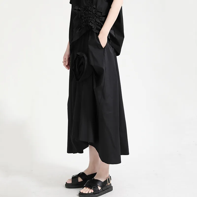 [EAM] Высокая эластичная талия черные аппликации оборками Свободные полосатые полутусные юбка женщины мода весна осень 1dd7164 210512