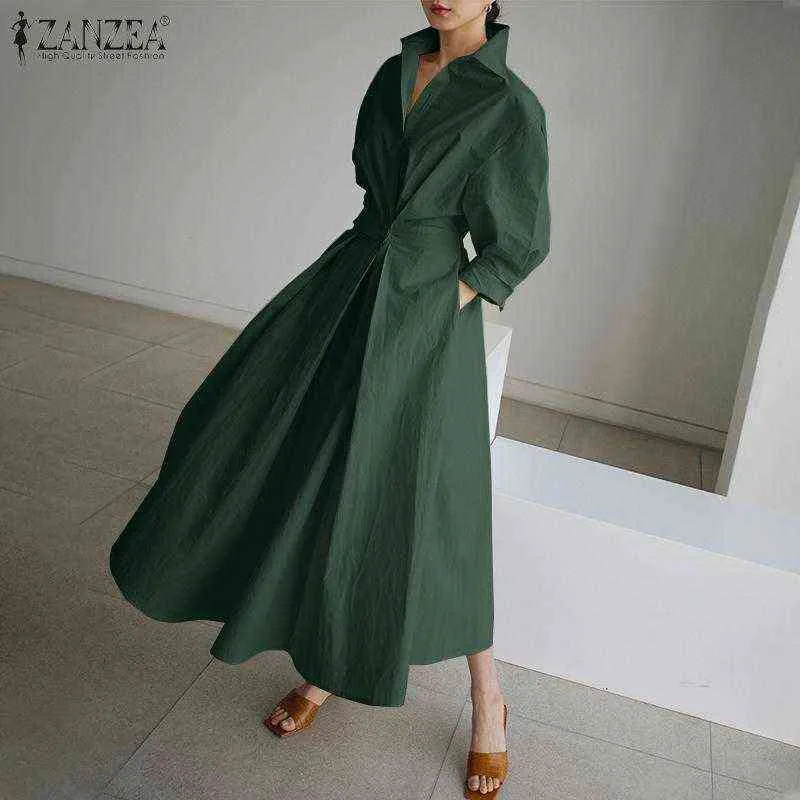 Vestido de Verão Feminino ZANZEA 2021 Camisa Elegante Vestido Sólido Manga Longa Maxi Vestidos Fêmea Casual Cintura Alta Robe Grande 7 Y220222