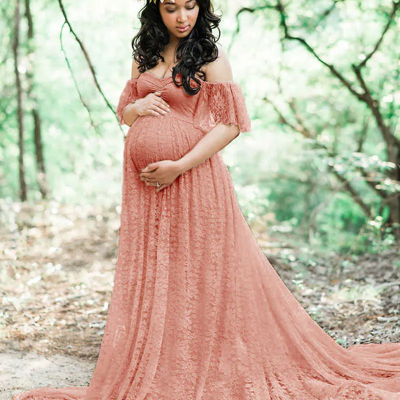 Elegancka Koronkowa Sukienka Macierzyńska Fotografia Długie Sukienki Maxi Dla Kobiet w ciąży Ubrania Ruffles Ciąża Sukienka dla fotografii Shoot Y0924