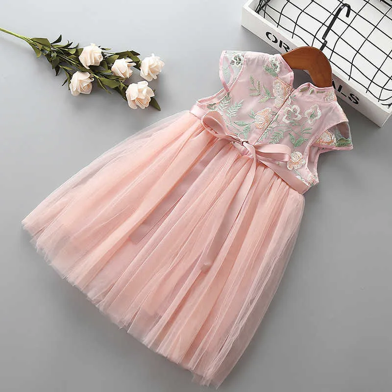 3-7 Jahre Hohe Qualität Mädchen Kleid Sommer Chinesischen Stil Bogen Blume Kind Kinder Kleidung Party Formale Prinzessin 210615