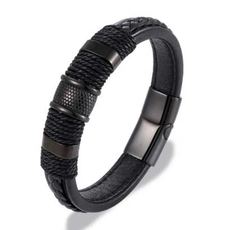 Meerlaags gevlochten lederen armband Titanium roestvrij staal Magnetische gesp armband Gevlochten armband sieraden Q0719278s