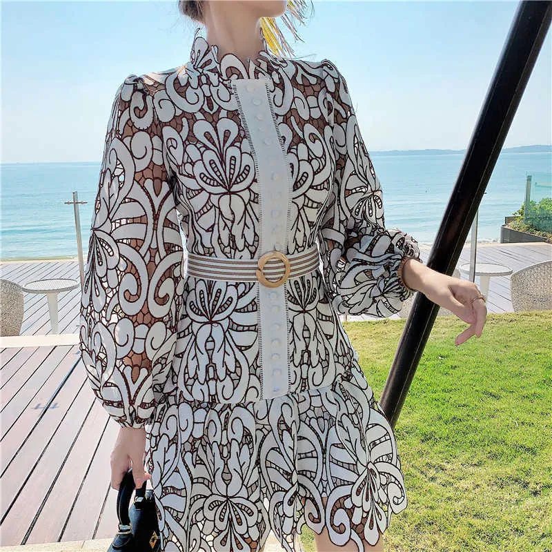 Vintage Hollow Out Lace Floral Embroidery Dress Spring Autumn Women Stand Collar Lantern Sleeve High Waist Sashes Short Dresses 210706