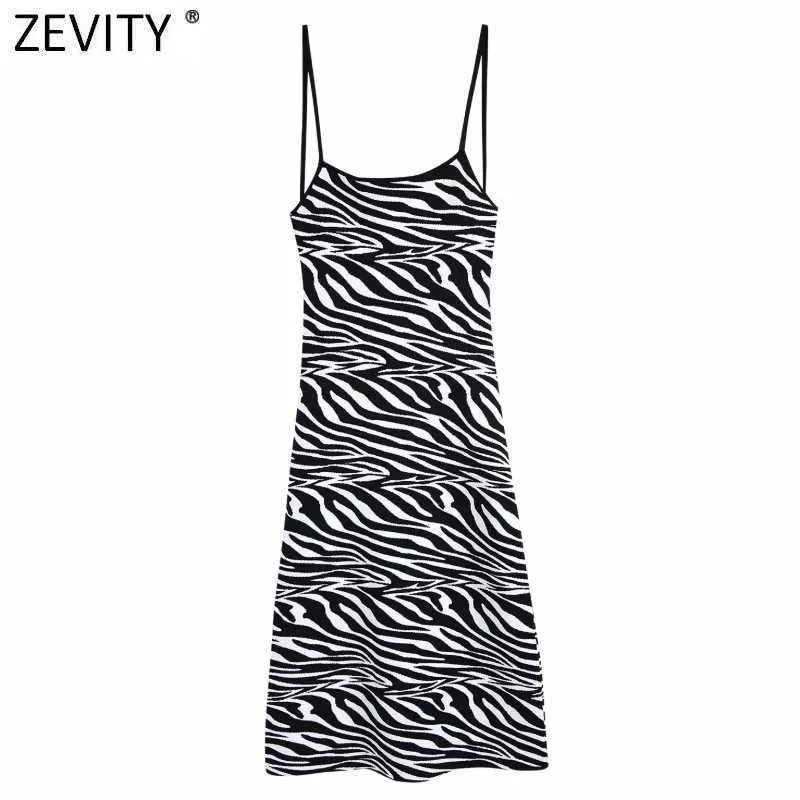 Zevity Femmes Vintage Chic Jacquard Animal Tricoté Midi Sling Dress Femme Sexy Dos Nu À Lacets Bretelles Robes Mujer DS8239 210603