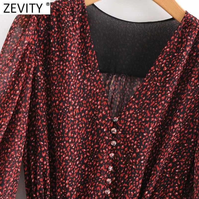 Zevity Women Vintage V Neck Plues Puff Sleeve Leopard Drukuj Midi Sukienka Lady Striped Casual Slim Retro Party Vestido DS4730 210603