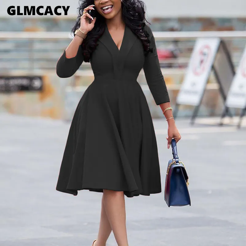 Kobiety Plus Size Z Długim Rękawem Dress Dyska Solidna Elegancka Biurowa Lady Wiosna Spadek Midi Party Dress X0521