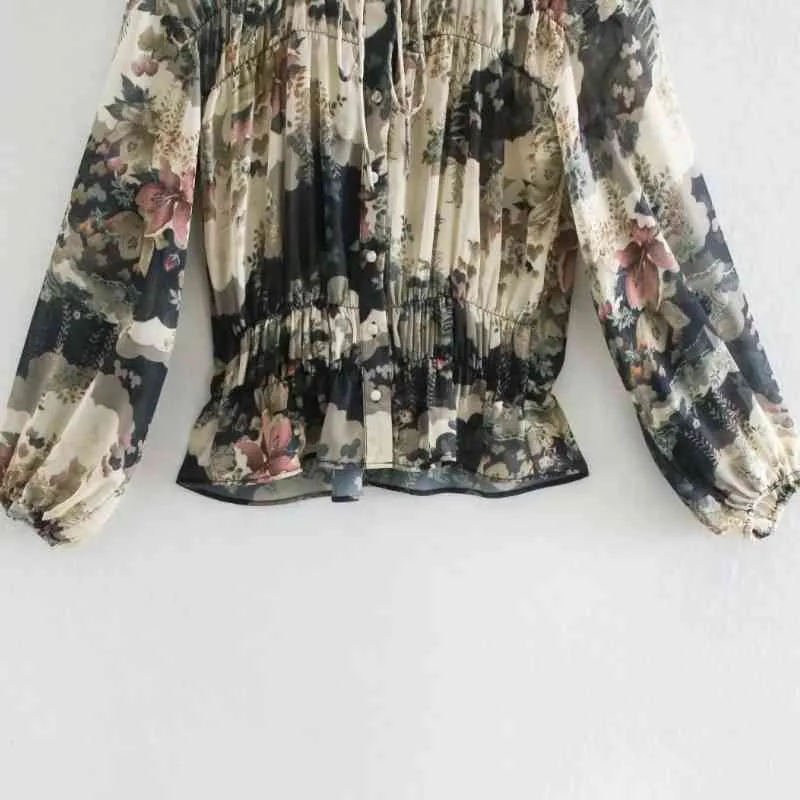Blusa de chifón con estampado Vintage para mujer de primavera, camisa de manga larga con lazo y cuello redondo para mujer, Blusas holgadas de oficina para mujer S8511 210430