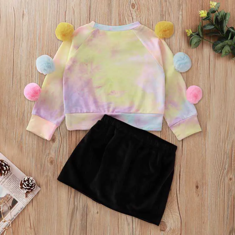 Baby Mädchen Kleidung Set Mädchen Tie-Dye Farbige Ball Langarm T-shirt + schwarz Rock 2 stücke Outfits Kinder E22179 210610