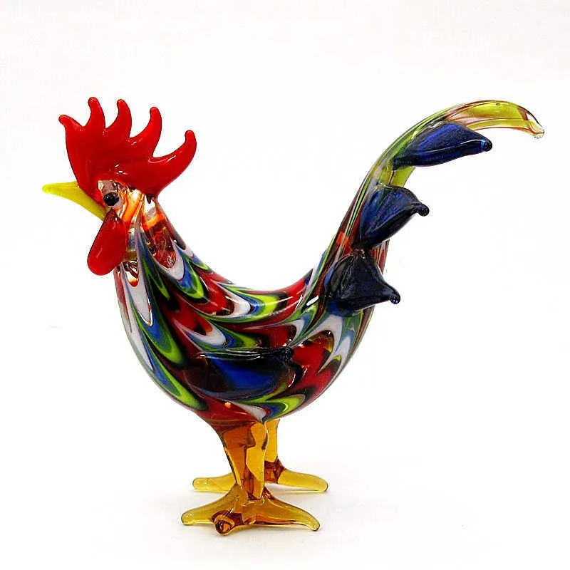 Colorful Folk Art Style Murano Glass Rooster Figurine Miniature Handmade Animal Statue Home Decoration Novelty Gift For Kids 210811