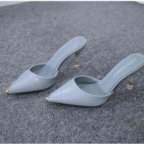 stile mezza pantofola moda tacco gatto scarpe alte a punta versatili coreane indossano sandali sottili 211123