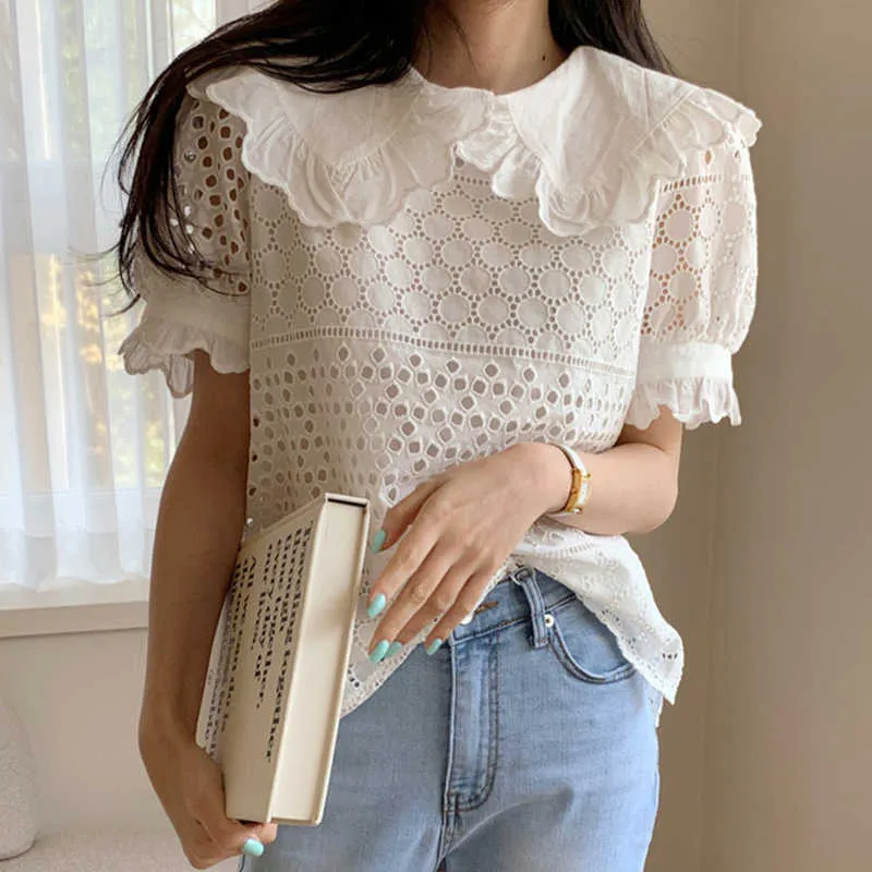 KOREJPAA Camisa Mulheres Verão Coreano Chique Chique French Temperament Colar De Renda Lace Hollow Crochet All-Match Slow Sleeve Blusas 210526