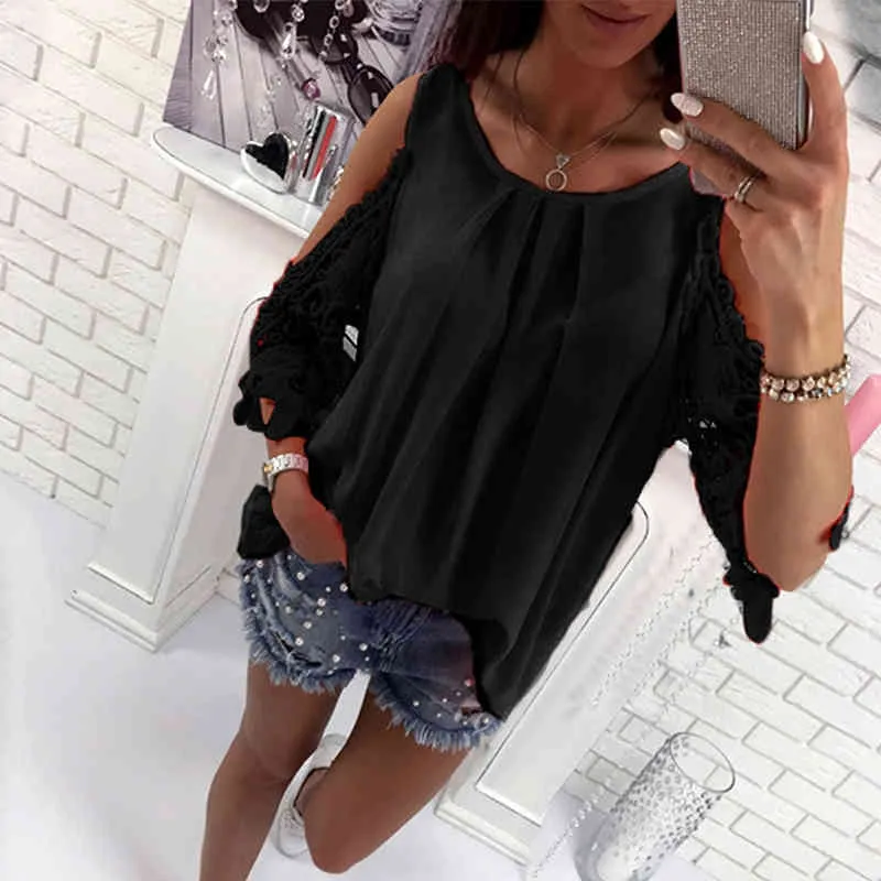 Bigsweety Ladies Blouse Fashion Womens Off Shouldels Blouse Shirts Summer Hollow Out Sleeve Shirt Boho Tunic Tops 210326