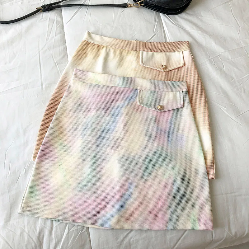 Kimutomo elegante meisjes stropdas dye mini rok lente zomer vrouwen hoge taille Koreaanse stijl zak knop A-lijn rok casual 210521