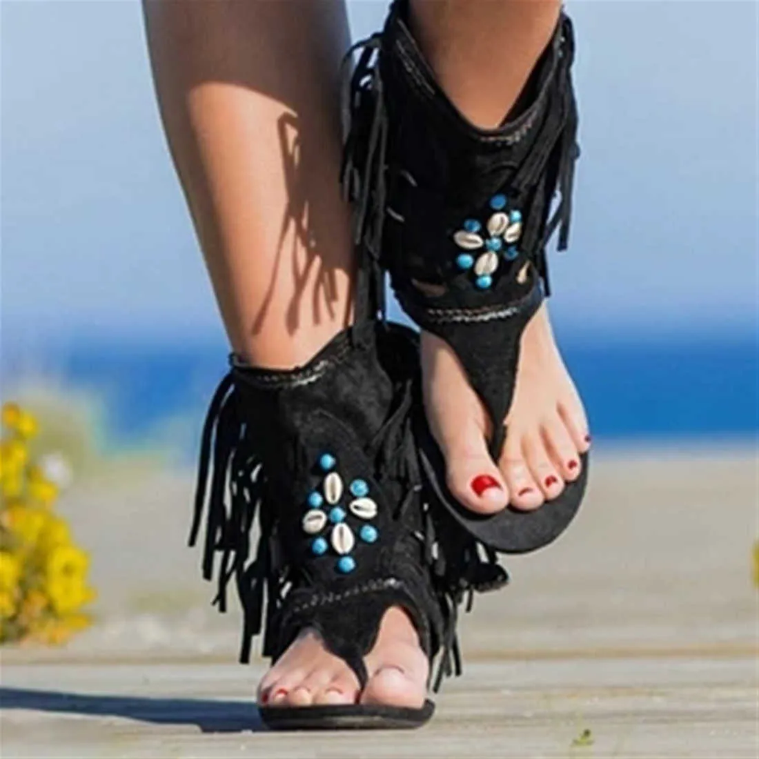 Women Retro Clip Toe Sandals Ladies Gladiator Sexy Vintage Boots Casual Tassel Rome Summer Beach Woman Shoes Female New 2021 Y0721