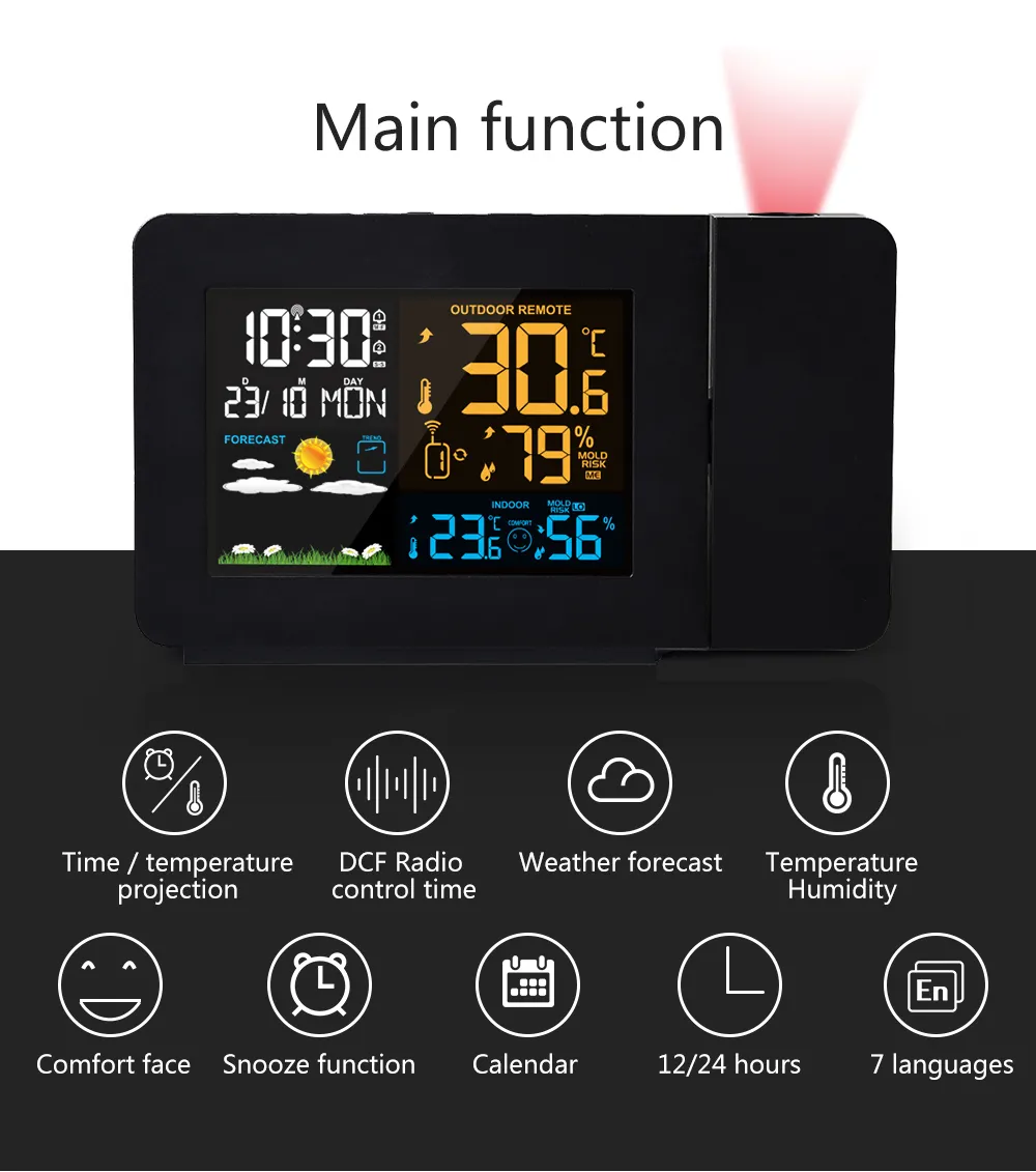 Digital Alarm Clock Weather Station LED Temperature Humidity Weather Forecast Snooze Table Clock With Time Projection