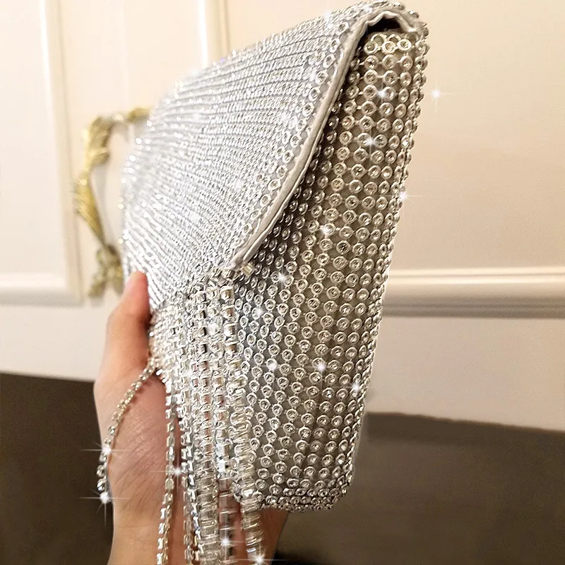 حقيبة القابض الفضية مظروف الماس للنساء المسائية زفاف الزفاف سلسلة تصميم سلسلة شرابة الكتف 247n