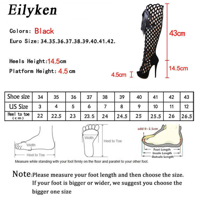 Eilyken Rom stil Ultra High Heels Fashion Hollow Out Over The Knee Boots Kvinnor Peep Toe Lace-up Zip Platform Skor Sandaler Y0914