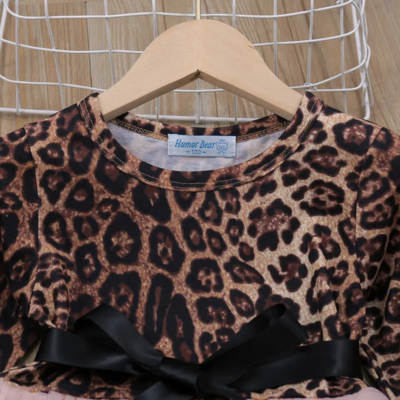 Flickor Klänning Vår Höst Långärmad Leopard Bow Mesh Patchwork Princess Toddler Barnkläder för 2-6Y 210528